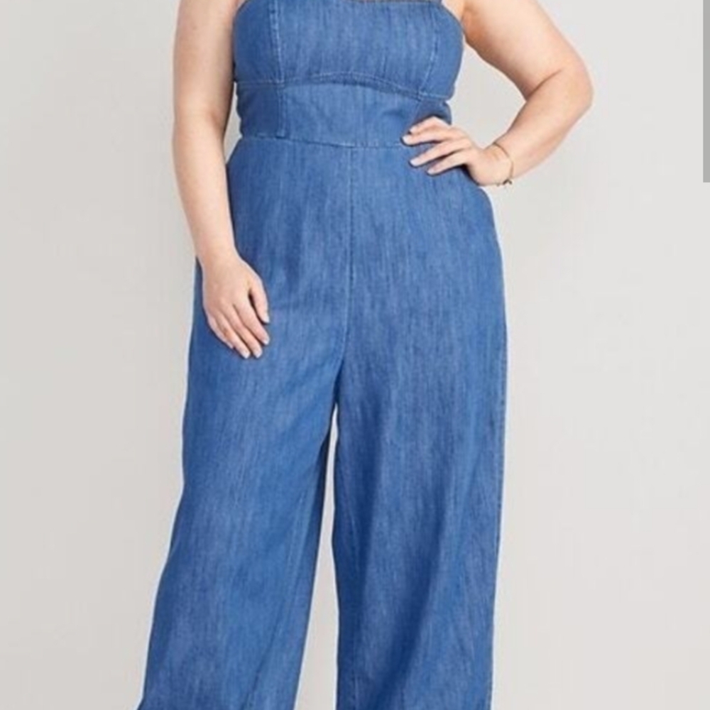 Old Navy Tie-Shoulder Corset Cami Wide Leg Jumpsuit Medium Wash Size L Petite